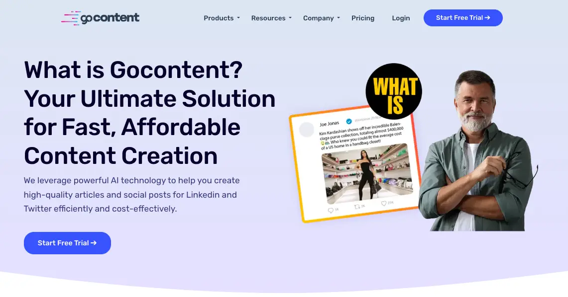 GoContent homepage showcasing their AI-powered content creation solution. The banner features a bold headline 'What is GoContent? Your Ultimate Solution for Fast, Affordable Content Creation' and highlights the benefits of leveraging AI technology for creating high-quality articles and social posts efficiently. There is also an image of a man pointing towards a social media post, along with a call-to-action button for starting a free trial.