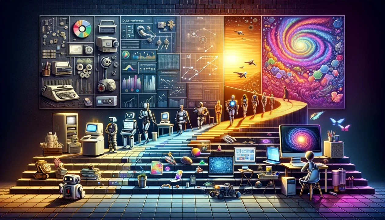 A colorful illustration depicting the evolution of technology and artificial intelligence, from early computers and robots to advanced AI, with a person working at a modern computer and a path leading towards a bright, futuristic landscape.