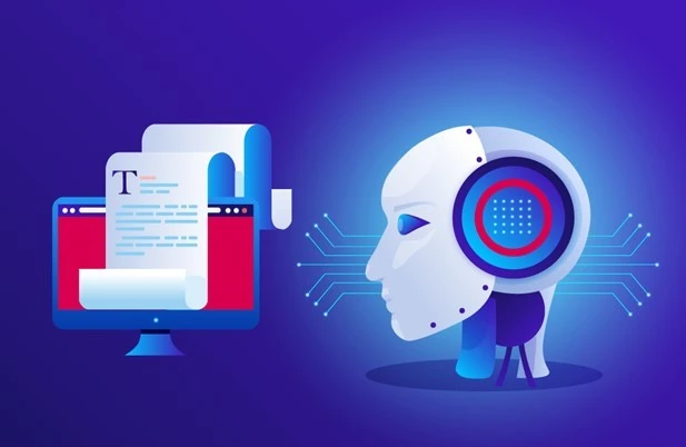 An illustration showing a computer monitor with text and a paper scroll on the left, and a robotic head with circuitry on the right, symbolizing AI and machine learning.