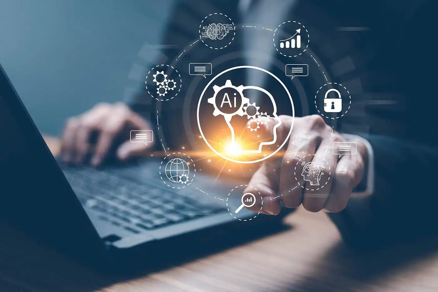 A person using a laptop with digital icons of AI, gears, and various data symbols overlaying the image, symbolizing the integration of AI technology in data processing.