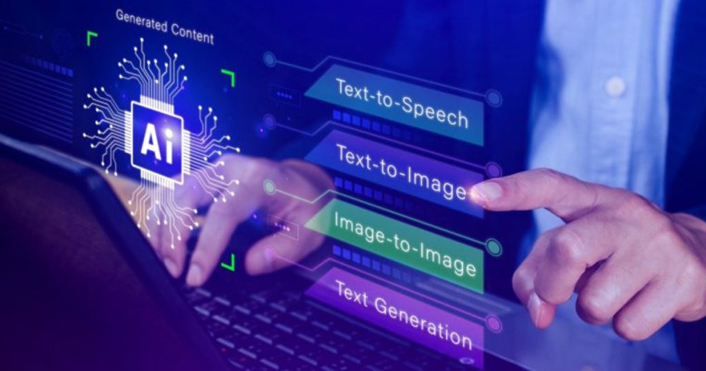 A person interacting with a digital interface displaying AI content generation options such as Text-to-Speech, Text-to-Image, Image-to-Image, and Text Generation.
