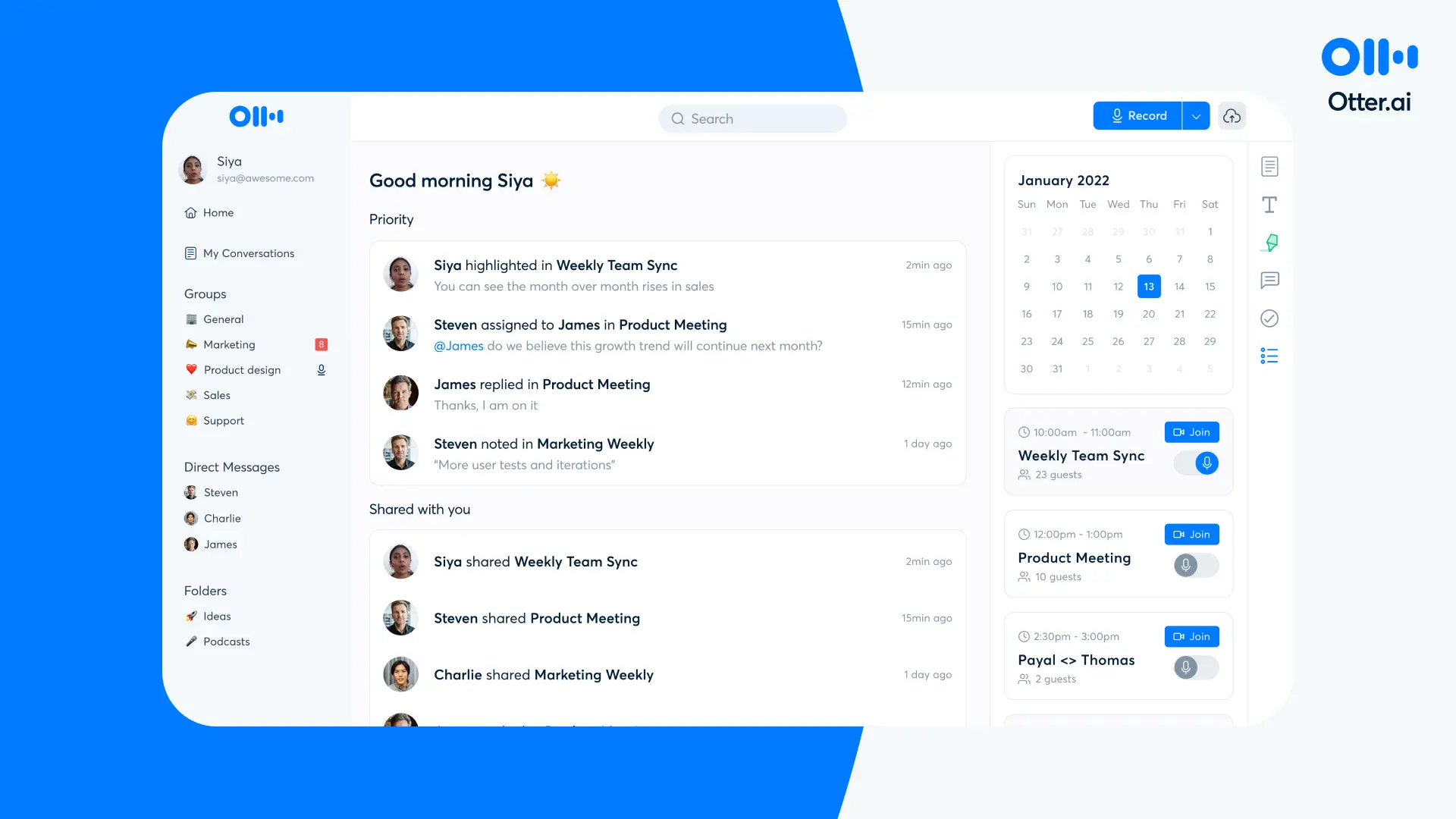 An interface of the Otter.ai application showing a user's dashboard with a list of recent conversations, calendar events, and group messages.