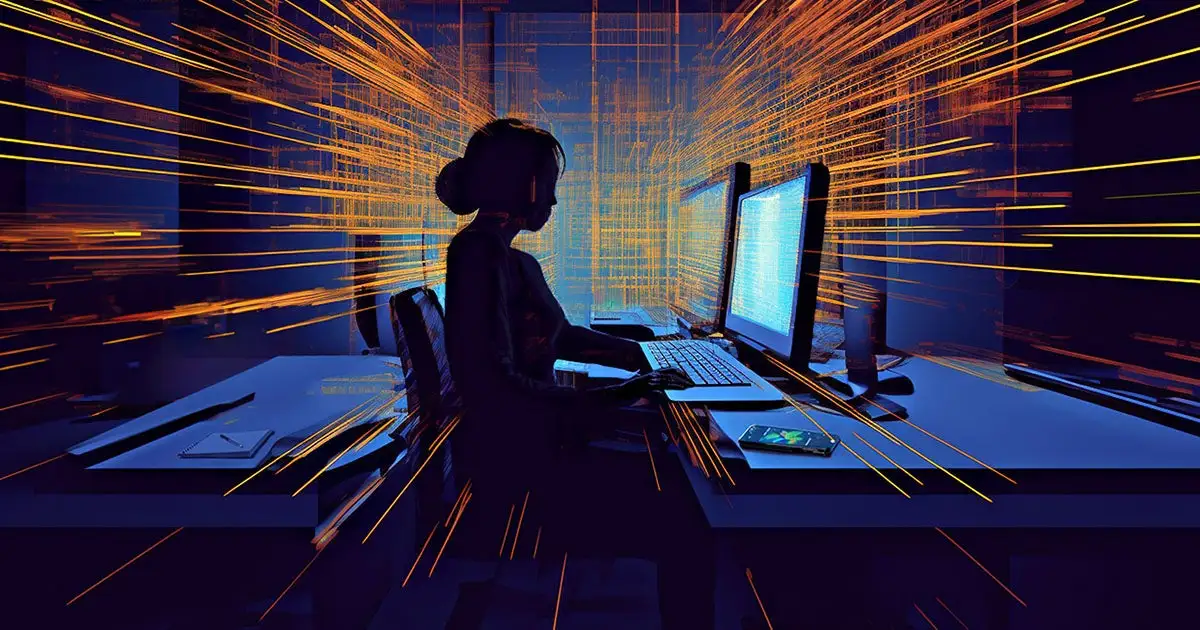 A silhouette of a person working at a computer with dynamic orange and yellow lines representing data and speed radiating outward from the screens in a dark room.