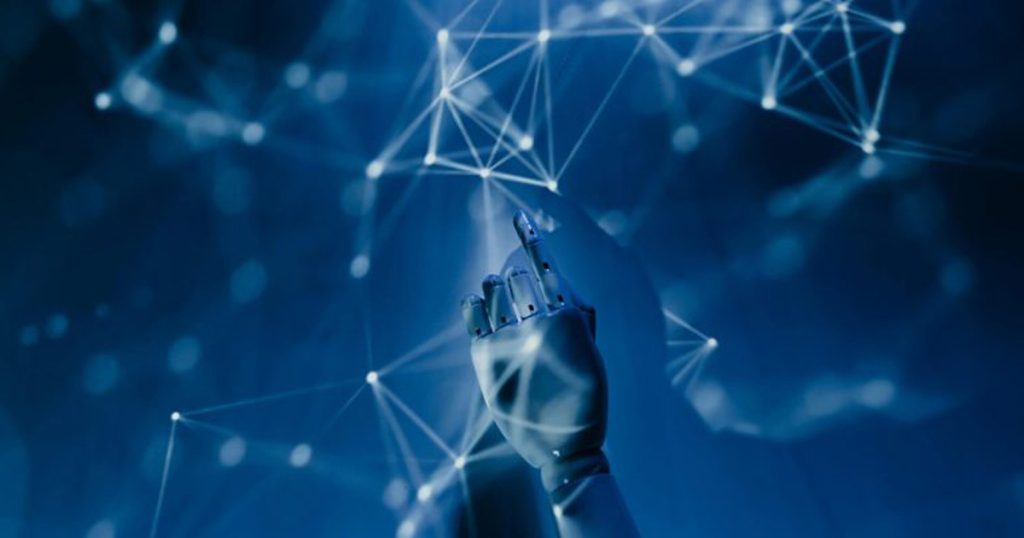 A robotic hand reaching towards a network of interconnected nodes and lines, symbolizing advanced technology and artificial intelligence.