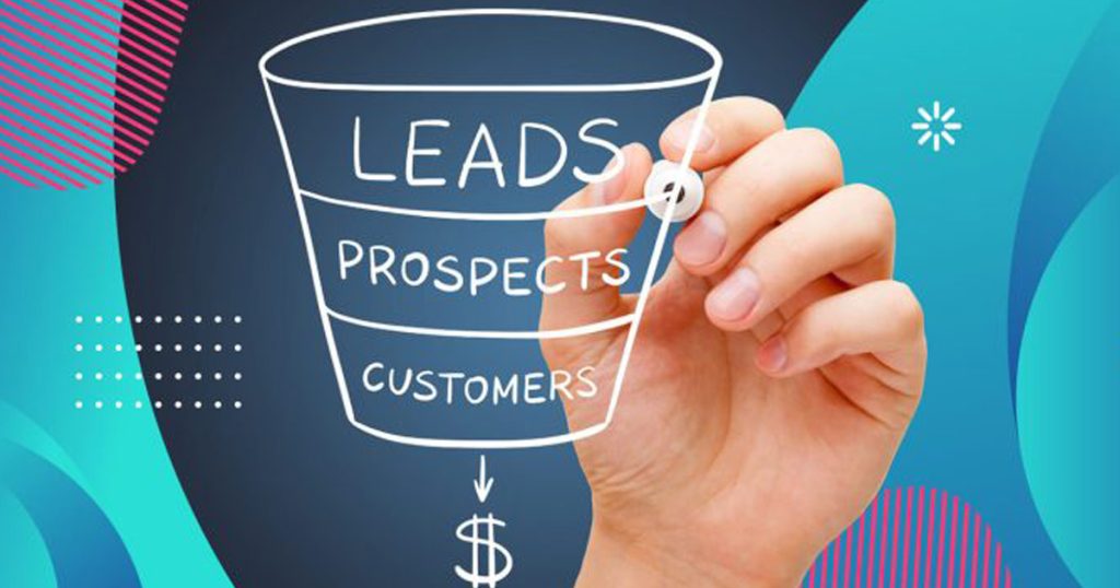 A hand drawing a sales funnel diagram with three stages labeled Leads, Prospects, and Customers, with a dollar sign at the bottom, symbolizing revenue generation.