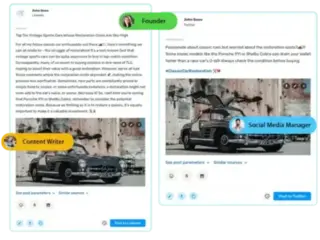 Side-by-side comparison showing two social media posts about classic car restoration. The left post, labeled 'Content Writer,' is a detailed LinkedIn post by John Snow, discussing the high costs of restoring vintage sports cars, emphasizing investment value. The right post, labeled 'Social Media Manager,' is a concise X post by John Snow, expressing concern over restoration costs for iconic models like Porsche 911 or Shelby Cobra, with a reminder to check conditions before buying. Both posts feature the same vintage car image but target different platforms with tailored messaging.