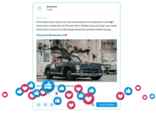 An engaging X post by John Snow about the high costs of restoring classic cars, specifically mentioning models like the Porsche 911 and Shelby Cobra. The post includes a photo of a vintage Mercedes 300SL with its gull-wing doors open and emphasizes checking the car's condition before buying. The post has received numerous likes and love reactions, indicating high engagement.