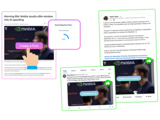 Illustration of creating and publishing posts on LinkedIn and X with GoContent.ai. The image shows how to generate a post from an article in one click and publish it on LinkedIn and X