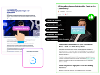 A screenshot showing an AI-powered content creation tool. The main section displays a draft article titled 'John Oliver Provokes Disney with a Steamboat Willie Advertisement,' with options to save, rewrite, download, or post directly to WordPress. The article discusses John Oliver's humorous critique of Disney. On the left side, there is a mockup of a LinkedIn post with a preview of the article, including hashtags and a 'Post to LinkedIn' button. The tool also provides various information sections on the right, such as sources, SEO metadata, readability, plagiarism, SEO analysis, and a featured image of a Steamboat Willie character.