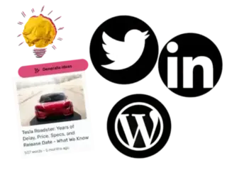 Illustration depicting a lightbulb icon symbolizing ideas, a 'Generate ideas' button, a Tesla car article, and logos of X, LinkedIn, and WordPress. This represents the integration of idea generation and content creation with social media and blogging platforms.
